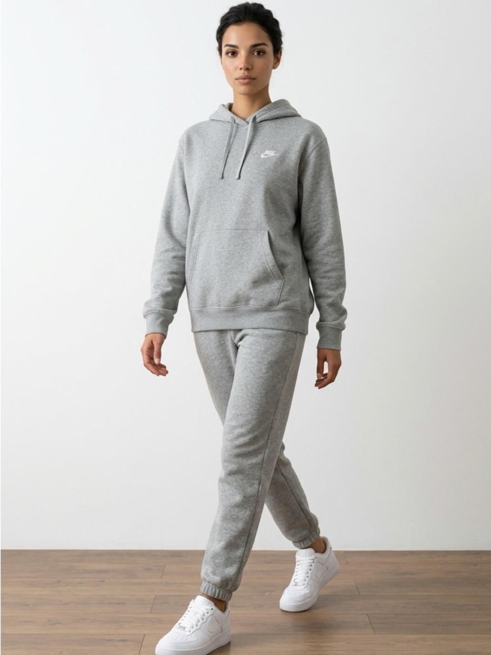 Nike Heather Grey Fleece Hoodie Small Swoosh Logo Pullover Size L